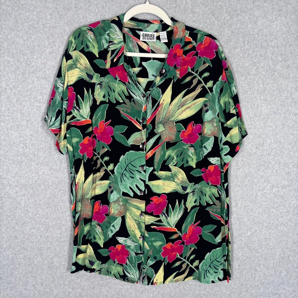 Vintage Chicos Design Hawaiian Shirt XL Tropical Palm Print Rayon Tiki Retro